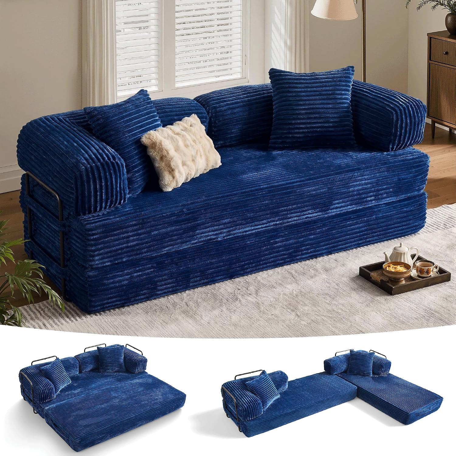 ovios 81' Folding Sofa Bed, Foldable Sleeper Boneless Couch with Pull Out Beds, Modular Convertible Floor Futon Loveseat Lounger for Living Room (Faux Fur, Blue)