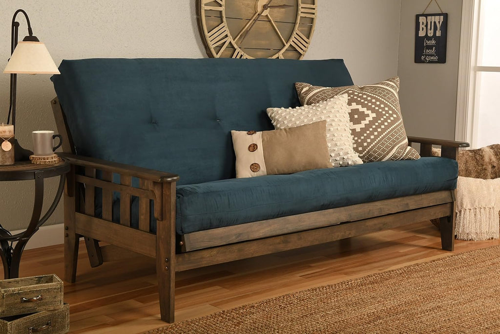 FutonX Rustic Walnut Frame and Mattress Set with Choice to add Drawers, 8 Inch Innerspring Futon Sofa Bed Full Size Wood (Blue Matt and Frame (No Drawers))