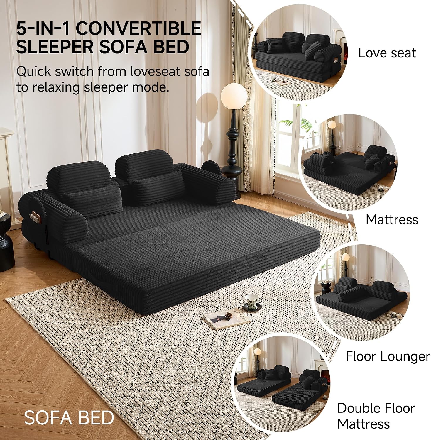79' Sofa Bed, Deep Seat 32' Sleeper Sofa, 5-in-1 Convertible Sofa Bed, Boneless Couch in a Box, Corduroy Floor Futon with Thickened backrest and Headrest Pillows, Side Pockets, Black