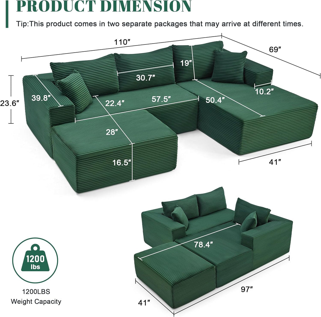 Mangodan 110' Cloud Sectional Couch, Boneless Sofa for Living Room, Modular Sectional Sofa with Deep Seat, Comfy Fluffy U-Shaped Couch with Right-Facing Chaise, No Assembly Required, Green