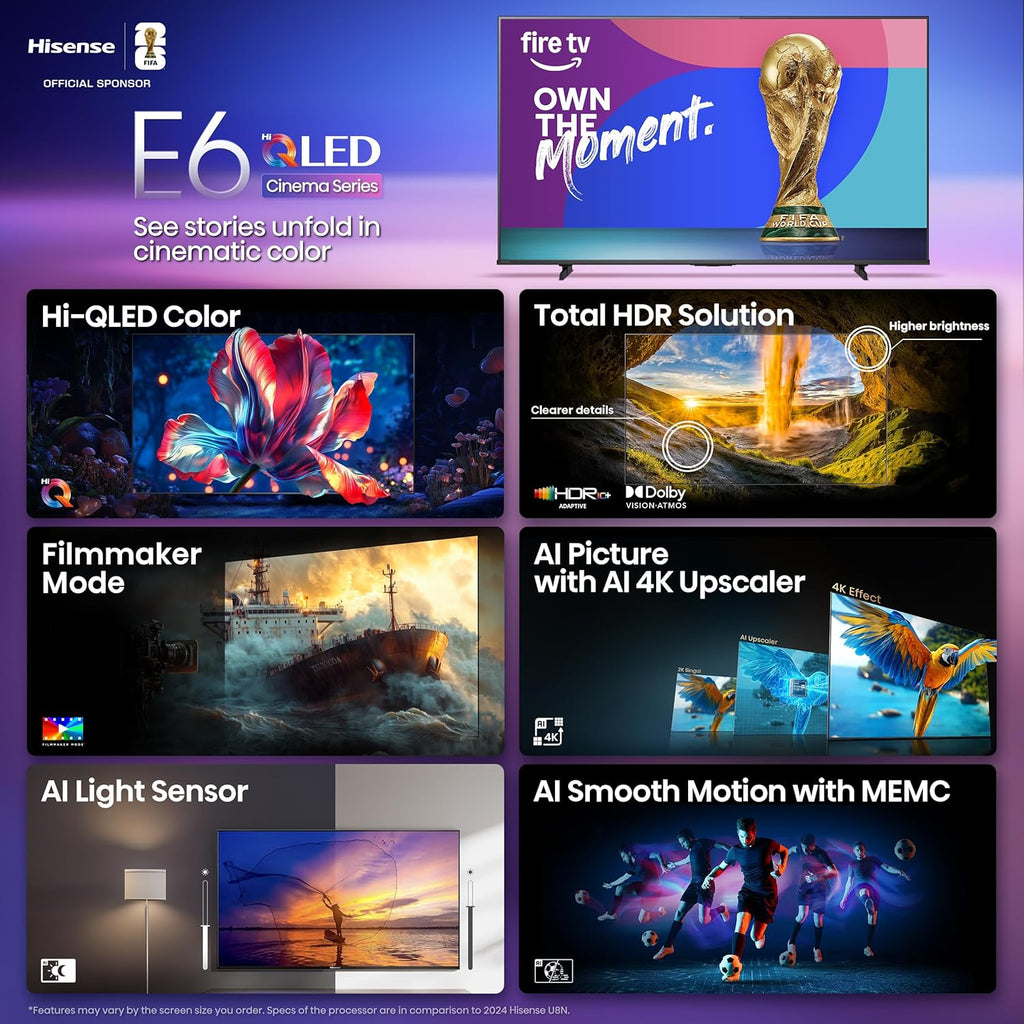 Hisense 85' E6 Cinema Series Hi-QLED 4K UHD Smart Fire TV (85E6QF, 2025 Model) - AI Light Sensor, Dolby Vision · Atmos, Voice Remote with Alexa, Motion Rate 120, HDR 10+ Adaptive, Game Mode Plus