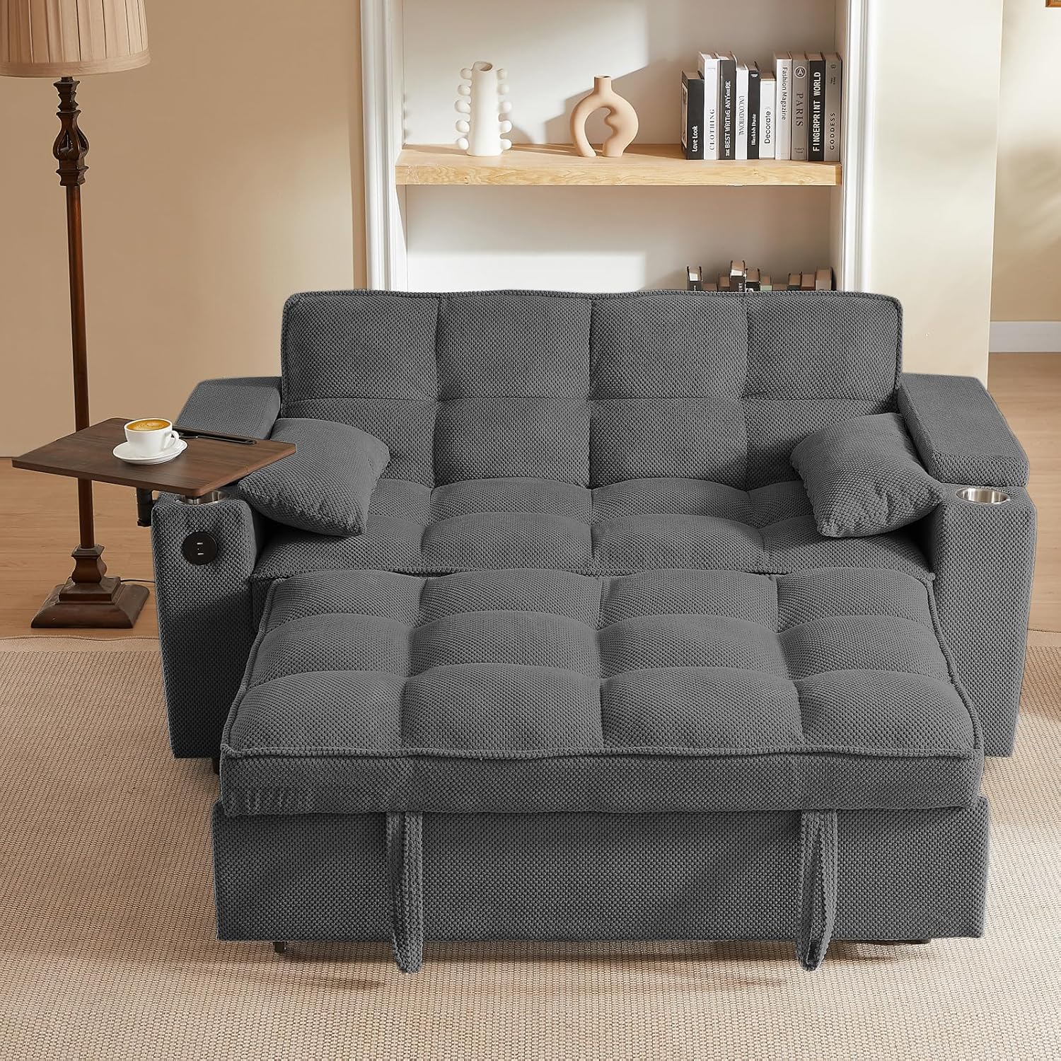 hansones 65'' 3-in-1 Folding Convertible Sofa Bed, Queen Size Pullout Sofa, Modern Chenille Fabric, 360° Swivel Side Table, Easy Assembly, Perfect for Living Room