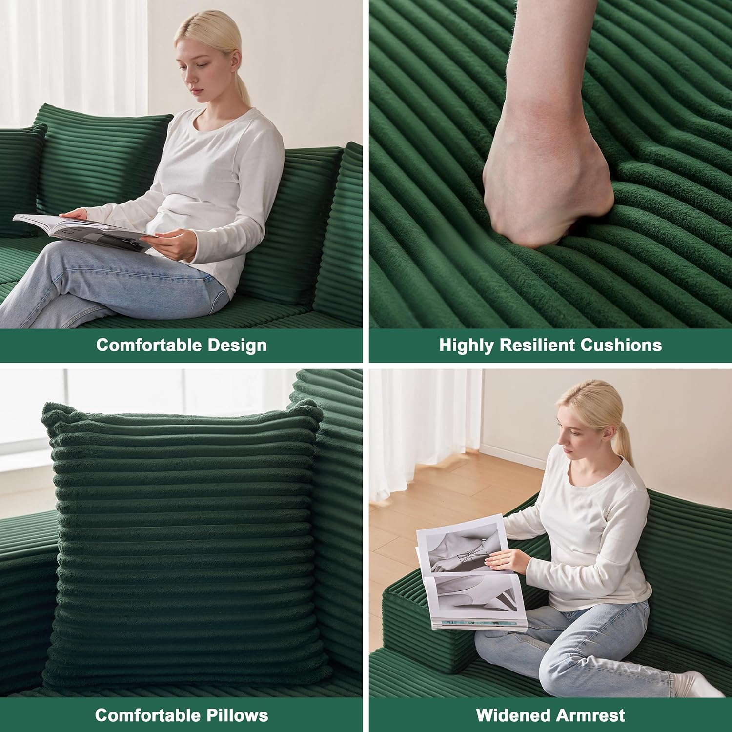 Mangodan 110' Cloud Sectional Couch, Modular Sectional Sofa with Deep Seat, Boneless Sofa for Living Room, Fluffy Comfy U-Shaped Couch with Left Facing Chaise, No Assembly Required, Green