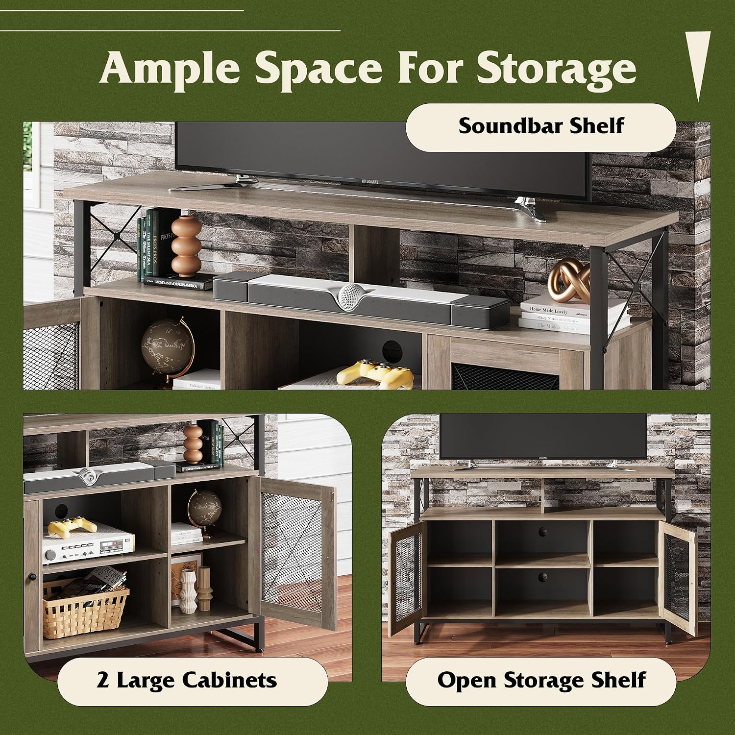 WLIVE TV Stand 55 inch TV, Tall Entertainment Center and Industrial TV Console Cabinet with Storage for Bedroom Living Room, Greige