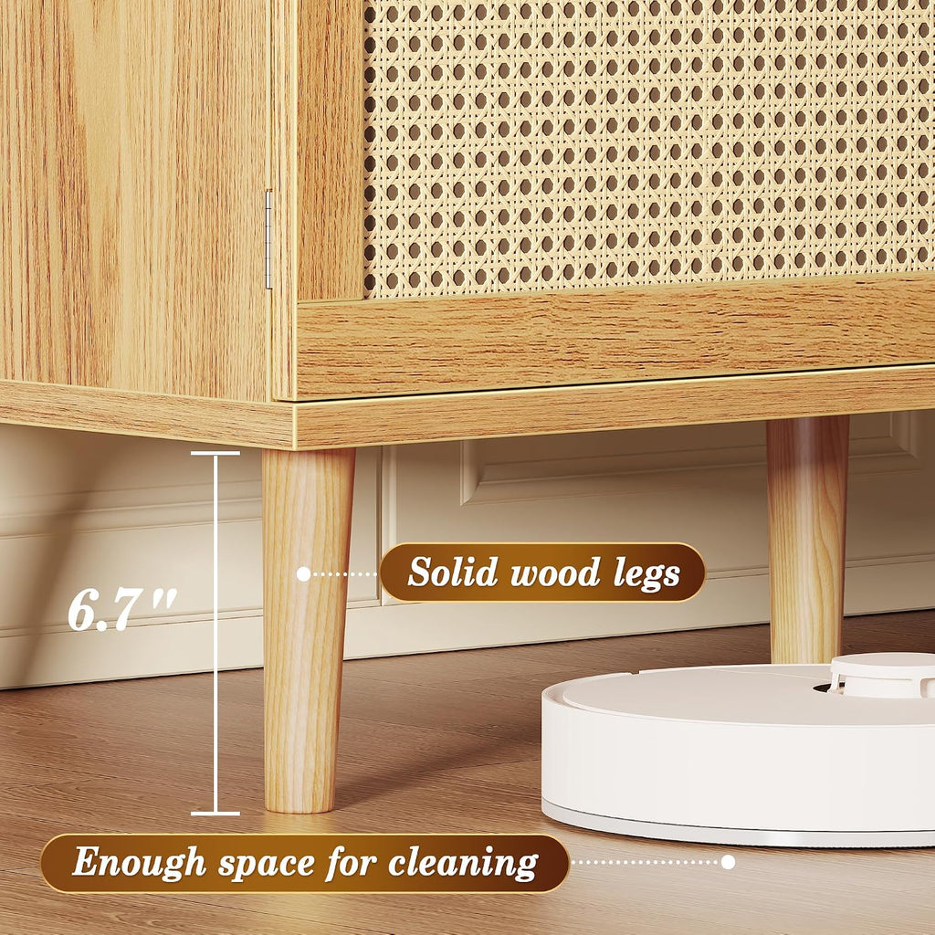 SUPERJARE 70.9 Inch Boho TV Stand for 75 Inch TV, Entertainment Center with Adjustable Shelf, Rattan TV Console with 2 Cabinets, Media Console, Solid Wood Feet, 4 Cord Holes, for Living Room, Natural