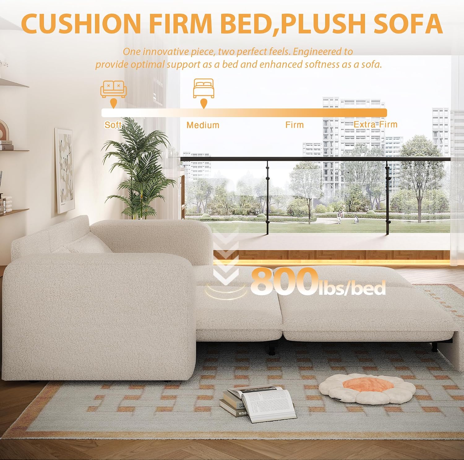 93' King Pull Out Sofa Bed, Teddy Sleeper Sofa Couch, Modern Wide Armrest, 3 in 1 Convertible Futon Couches for Living Room, Small Space, Apartment, Bedroom, Office, Beige
