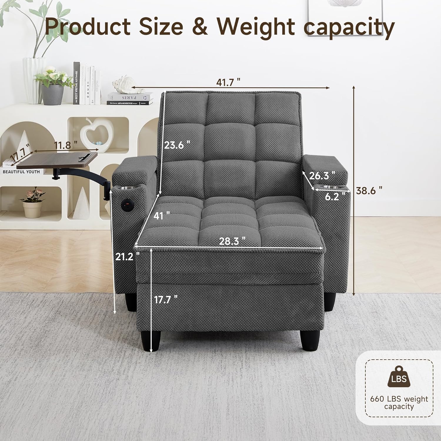 41.7' Oversized Chaise Lounge Chair Indoor, Boucle Upholstered Sofa Bed with Adjustable Backrest, Deep Seat Reading Chair, Sofas Couches for Living Room, Storage, Cup Holders & 360° Swivel Side Table