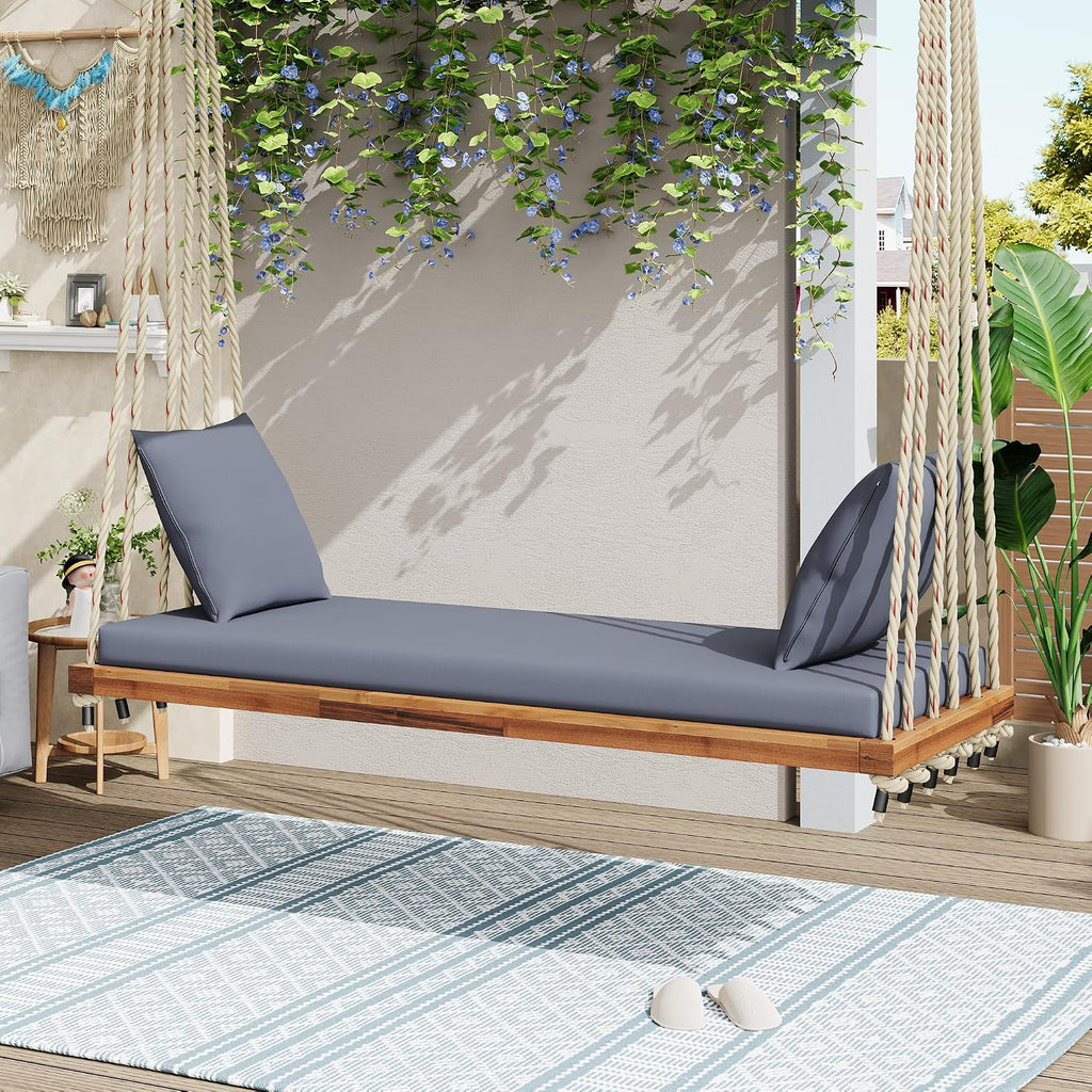 Merax Outdoor Patio Wooden Swing Chair, 2-Seat Hanging Porch Hammock Bench with Cushion & Pillows, 10.8Ft Hemp Ropes for Garden, Backyard, Lawn, Natural