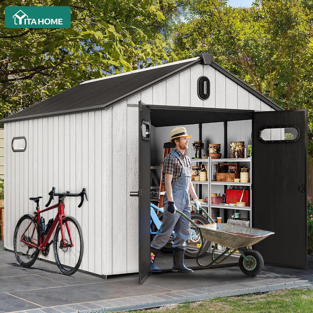 YITAHOME 8x10ft Outdoor Plastic Storage Shed with Floor, Extra Thick Waterproof Garden Shed with Lockable Door, Oval Vision Windows &Vents, 16mm Heavy Duty Tool Storage for Patio, Lawn, Bikes, Gray