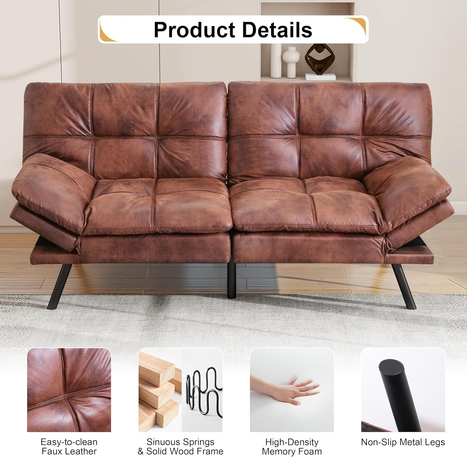 71' Futon Sofa Bed, Memory Foam Convertible Faux Leather Futon Couch Beds with Adjustable Armrest Backrest, Multi-Functional Folding Sleeper Sofa Bed for Living Room, Apartment, Brown