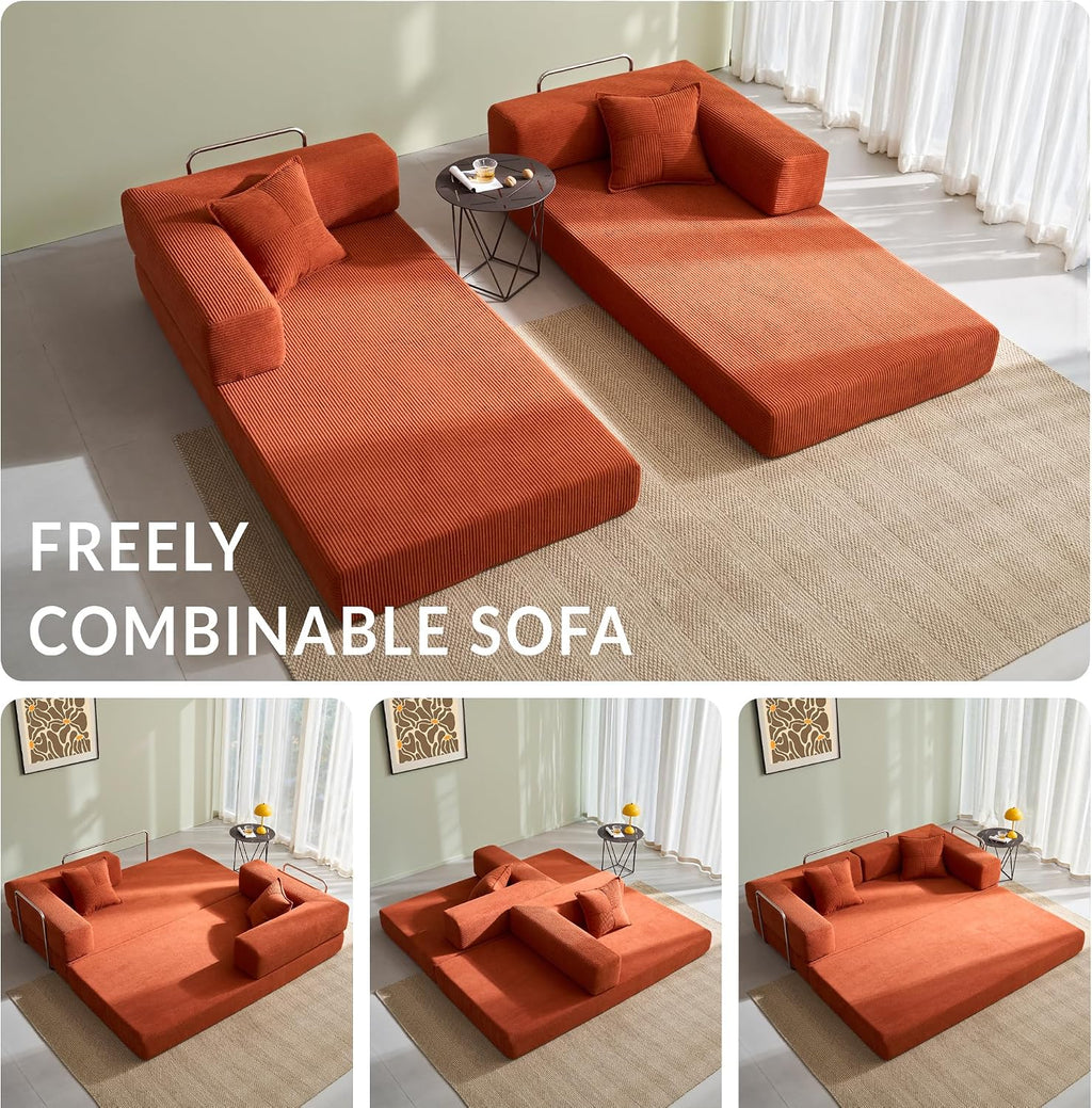 YINIX Sofa Bed, 62'' Folding Floor Couch, Compressed Convertable Sleeper Sofa, Memory Foam Couch with Pillow Back Support Armrest, 4-in-1 Futon Sofa Bed for Living Room, Tangerine