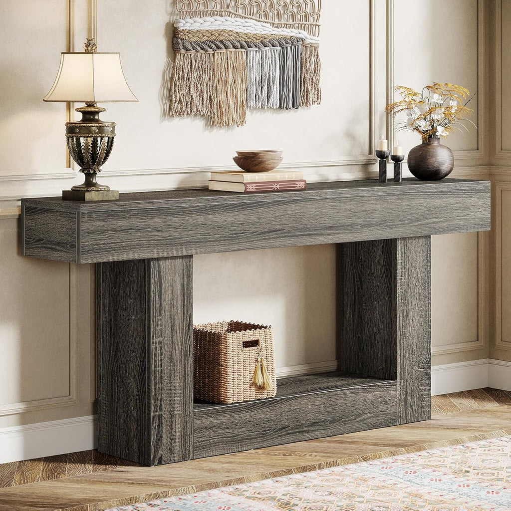 Tribesigns 63' Console Table, Farmhouse 2-Tier Entryway Table with U-Shaped Base, Narrow Long Wood Sofa Table Behind Couch Table for Living Room, Hallway, Foyer, Gray