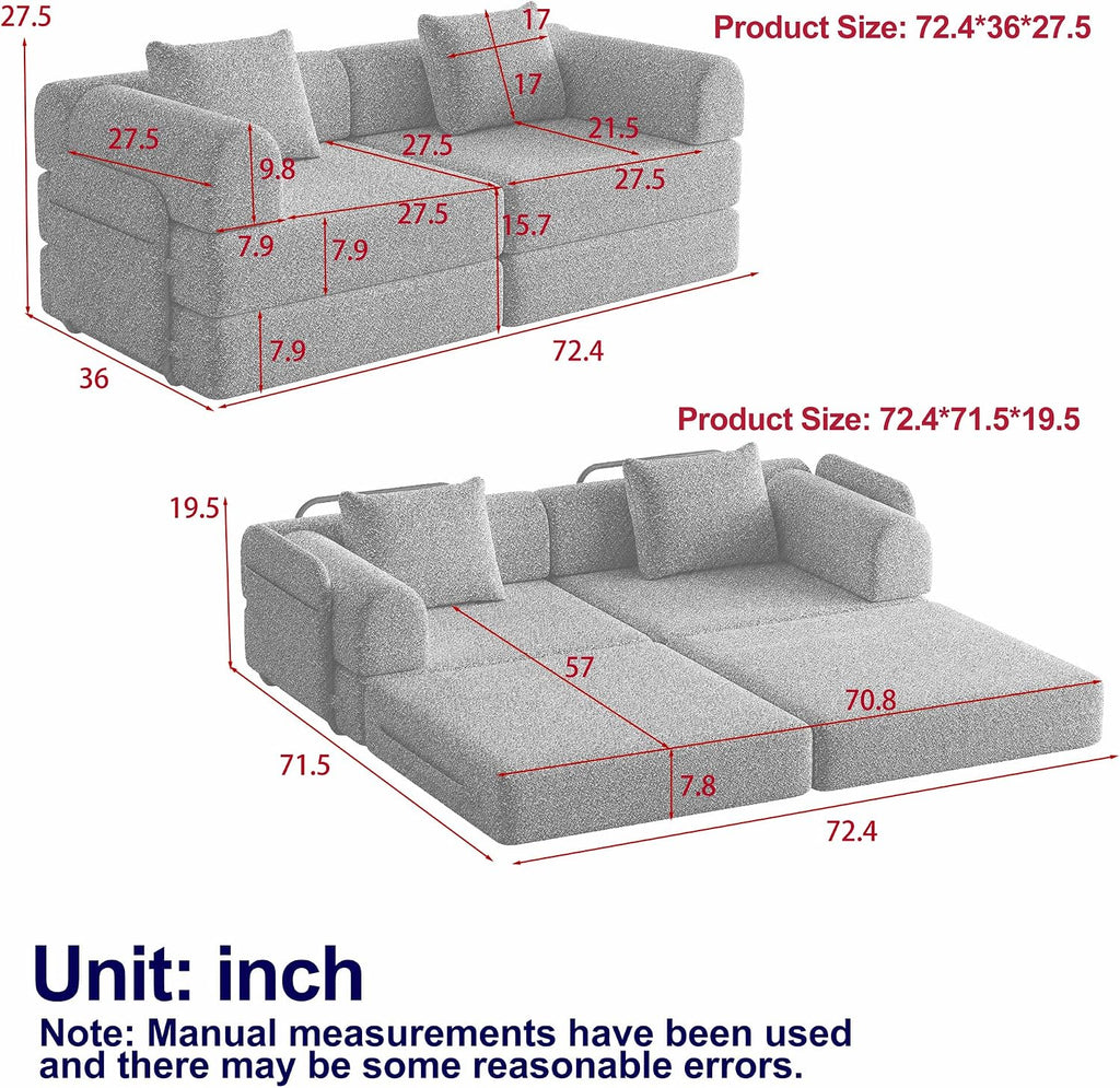 4-in-1 Convertible Folding Sofa Bed, 72' Oversized Chenille Upholstered Boneless Couch, Loveseat Sleeper Sofa Bed, Floor Sofabed Modular Futon Couch for Living Room Bedroom Lounge, Beige