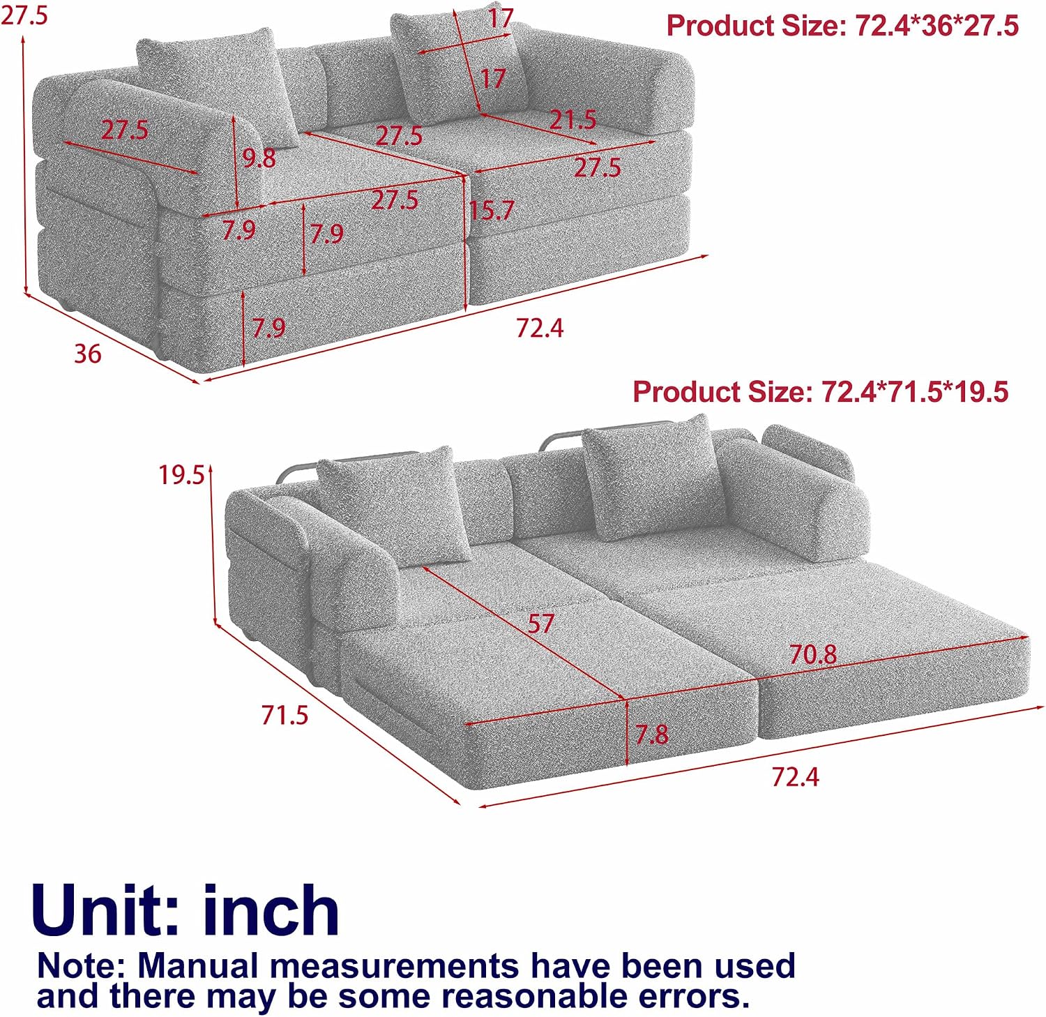 4-in-1 Convertible Folding Sofa Bed, 72' Oversized Chenille Upholstered Boneless Couch, Loveseat Sleeper Sofa Bed, Floor Sofabed Modular Futon Couch for Living Room Bedroom Lounge, Beige