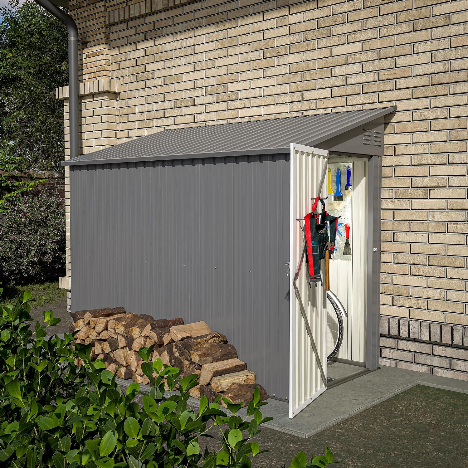 YOPTO 4×8 FT Lean to Metal Shed,Outdoor Heavy-Duty Storage Shed with Floor Base,All Weather Waterproof Garden Tool House W/Lockable Door&2 Air Vents,Reversible Door Design,for Backyard,Patio,Lawn,Gray
