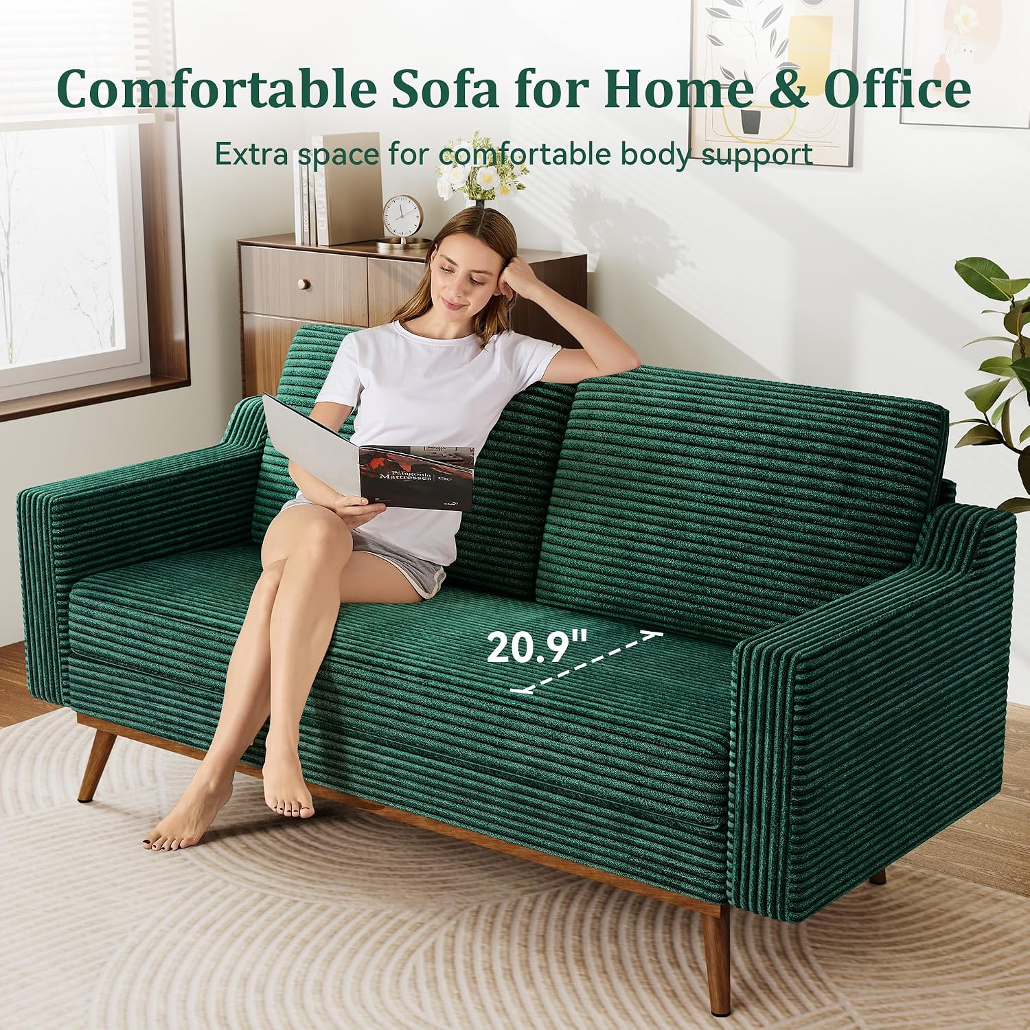 65.4' Loveseat Sofa,Comfy Forest Green Corduroy Love Seat Couches for Living Room,Mid Century Modern Small Couch for Bedroom Office with Spring Cushion,Solid Wood Frame,Tool-Free Assembly