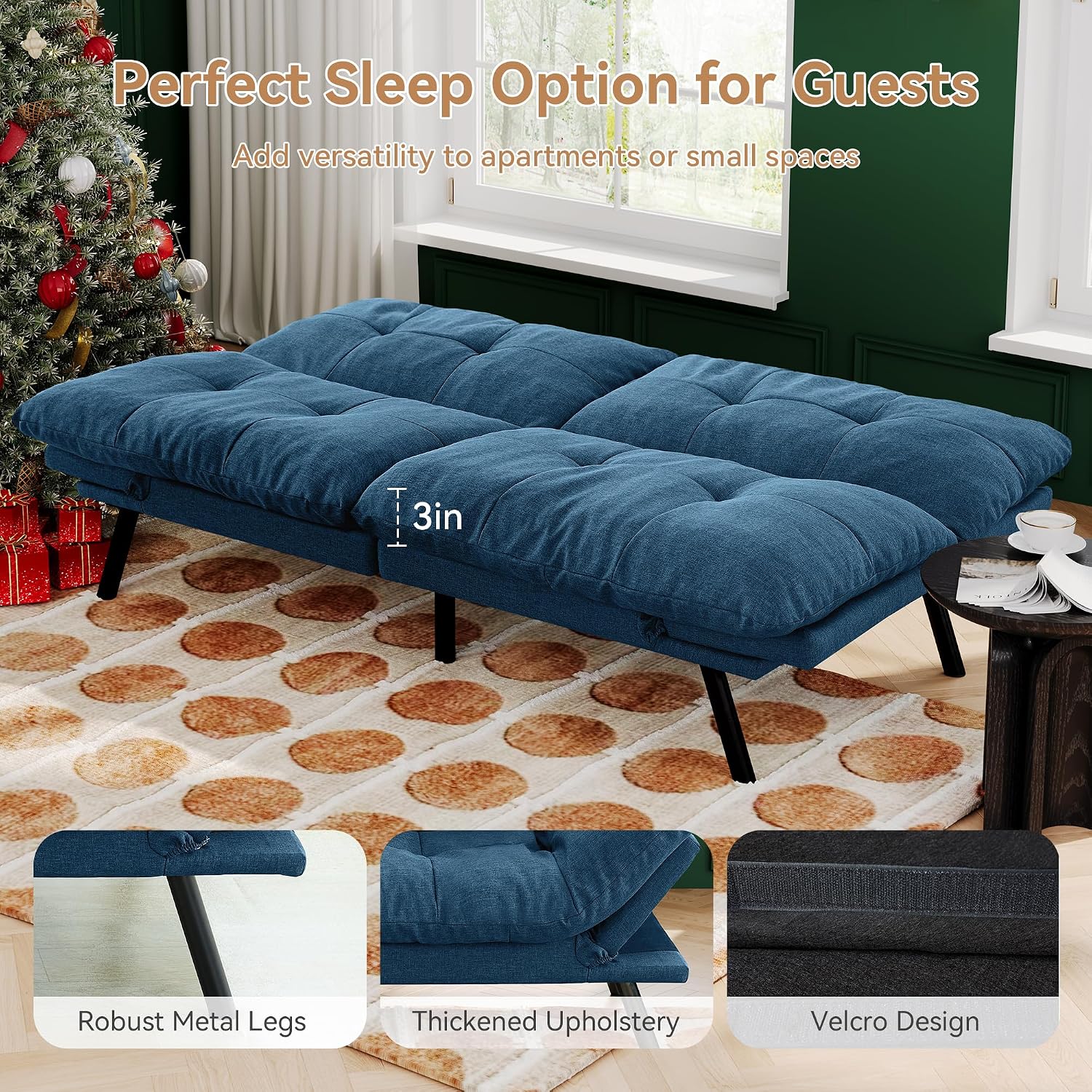 Convertible Futon Sofa Bed,71' Modern Fabric Futon Couch with Adjustable Backrest&Armrest,Small Loveseat Sleeper Sofa,Dorm Futonsofa for Apartment,Living Room,Detachable Cushions,Navy Blue