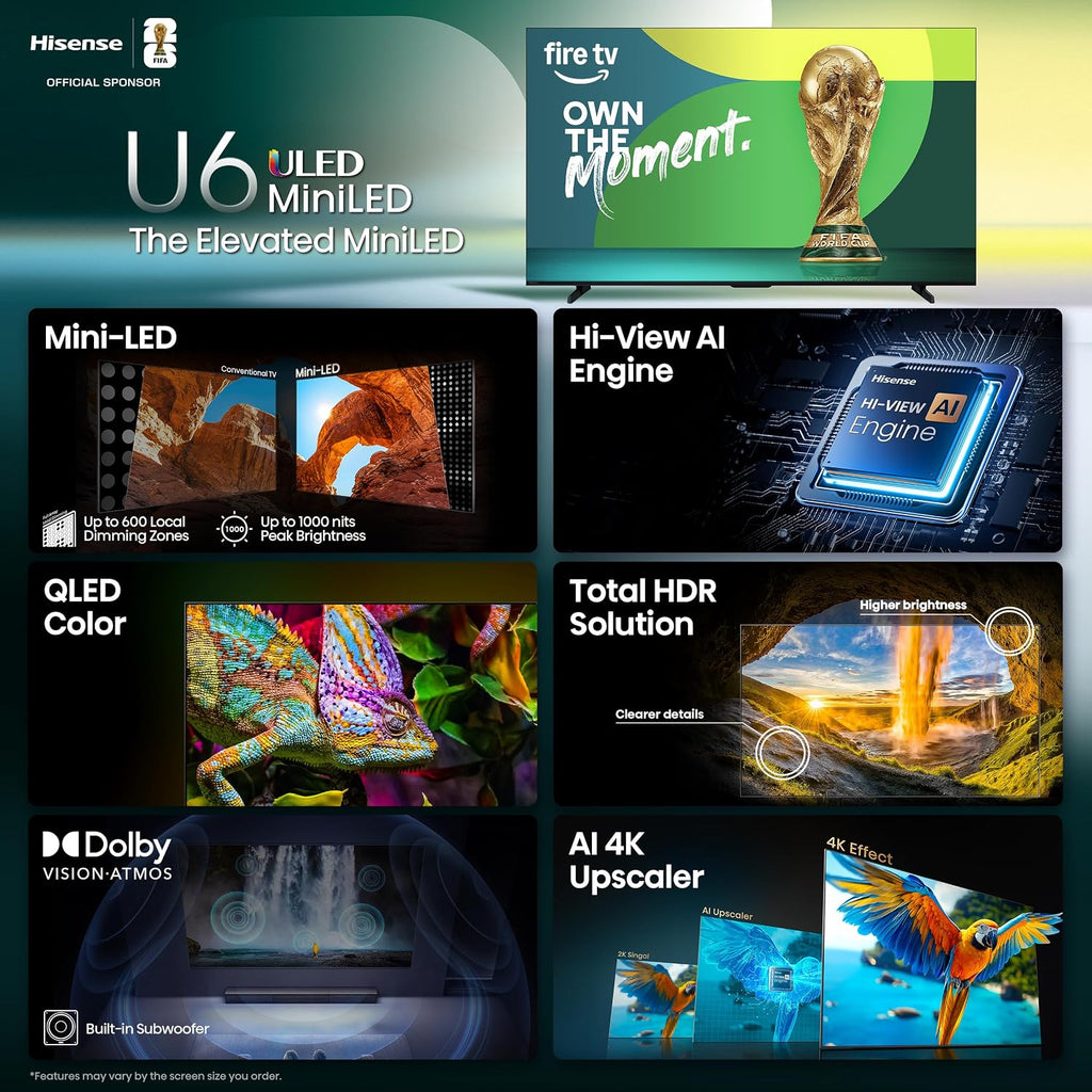 Hisense 55' Class U6 Series Mini-LED 4K UHD Smart Fire TV (55U65QF, 2025 Model) - QLED, Native 144Hz, HDR10+, Dolby Vision IQ, Dolby Atmos, Game Mode Pro, ALLM, Alexa Built in, Black