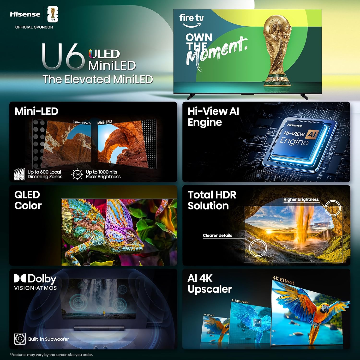 Hisense 55' Class U6 Series Mini-LED 4K UHD Smart Fire TV (55U65QF, 2025 Model) - QLED, Native 144Hz, HDR10+, Dolby Vision IQ, Dolby Atmos, Game Mode Pro, ALLM, Alexa Built in, Black