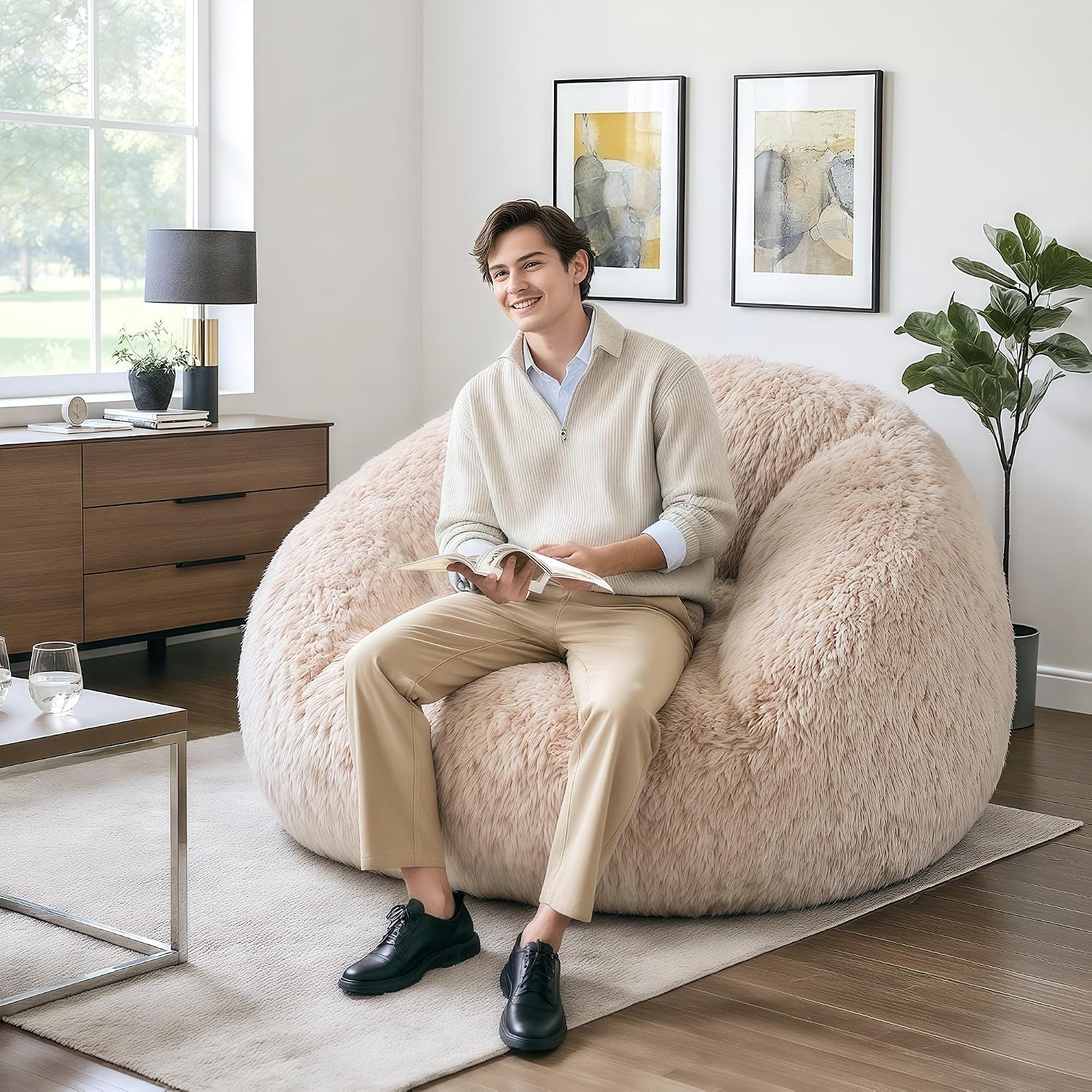 CangLong Large Bean Bag Chair with Filler, Plush Fluffy Shell Design Lounger for Adults, Ergonomic Reading Gaming Chair for Bedroom, Living Room, Dorm, Game - Taupe, 400lbs Support