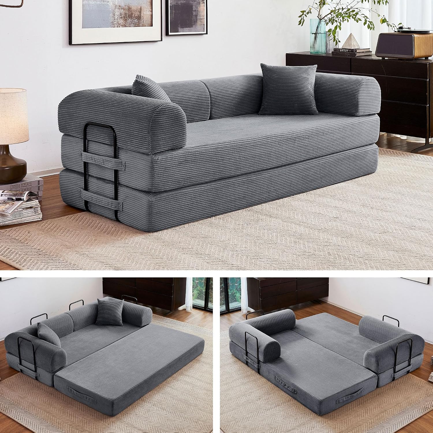 79' Convertible Sofa Bed, 5-in-1 Corduroy Boneless Couch Bed Sofa Pull Out, Memory Foam Couch, No Assembly Futon Couches for Living Room (Dark Gray)