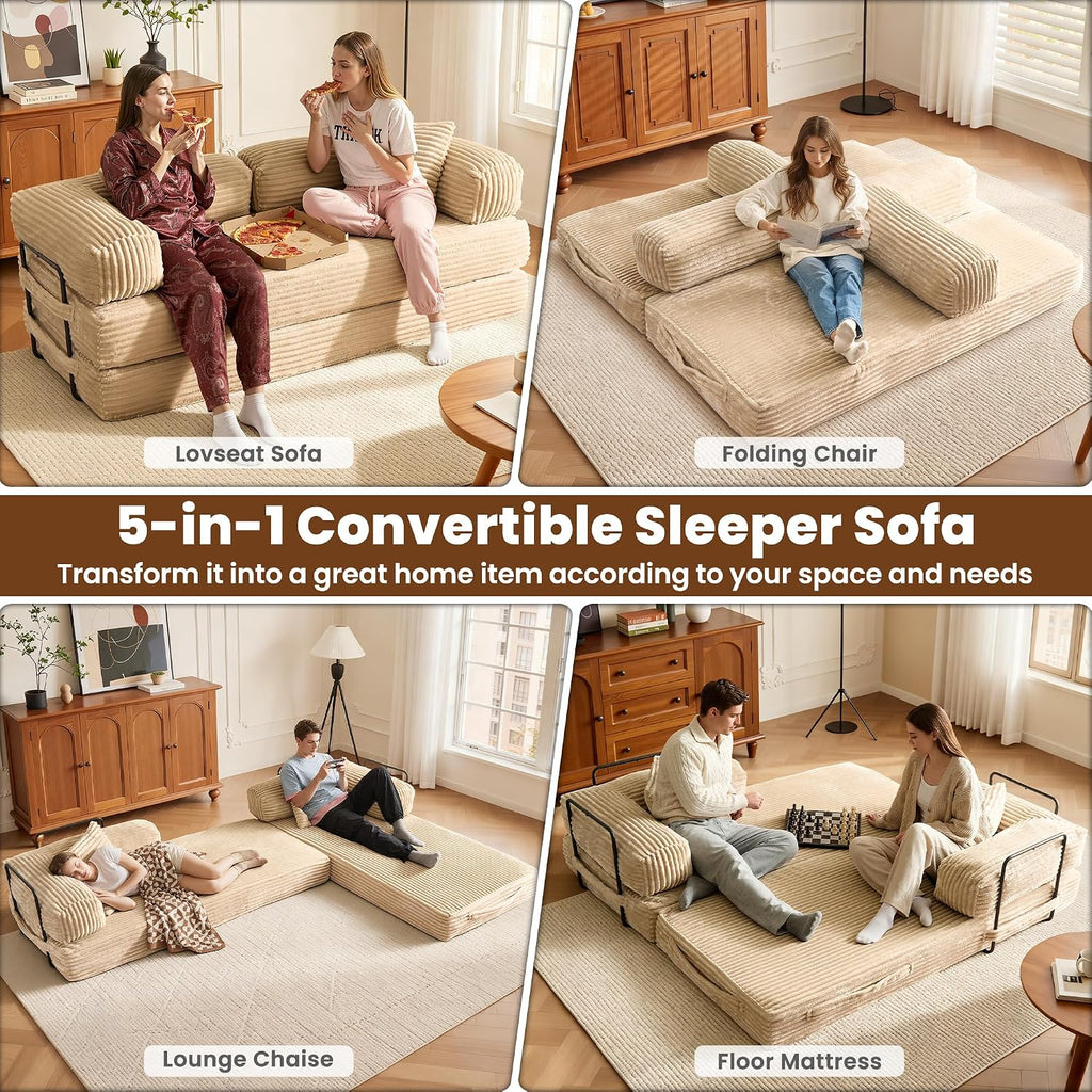 ovios 81' Folding Sofa Bed, Foldable Sleeper Boneless Couch with Pull Out Beds, Modular Convertible Floor Futon Loveseat Lounger for Living Room (Faux Fur, Beige)