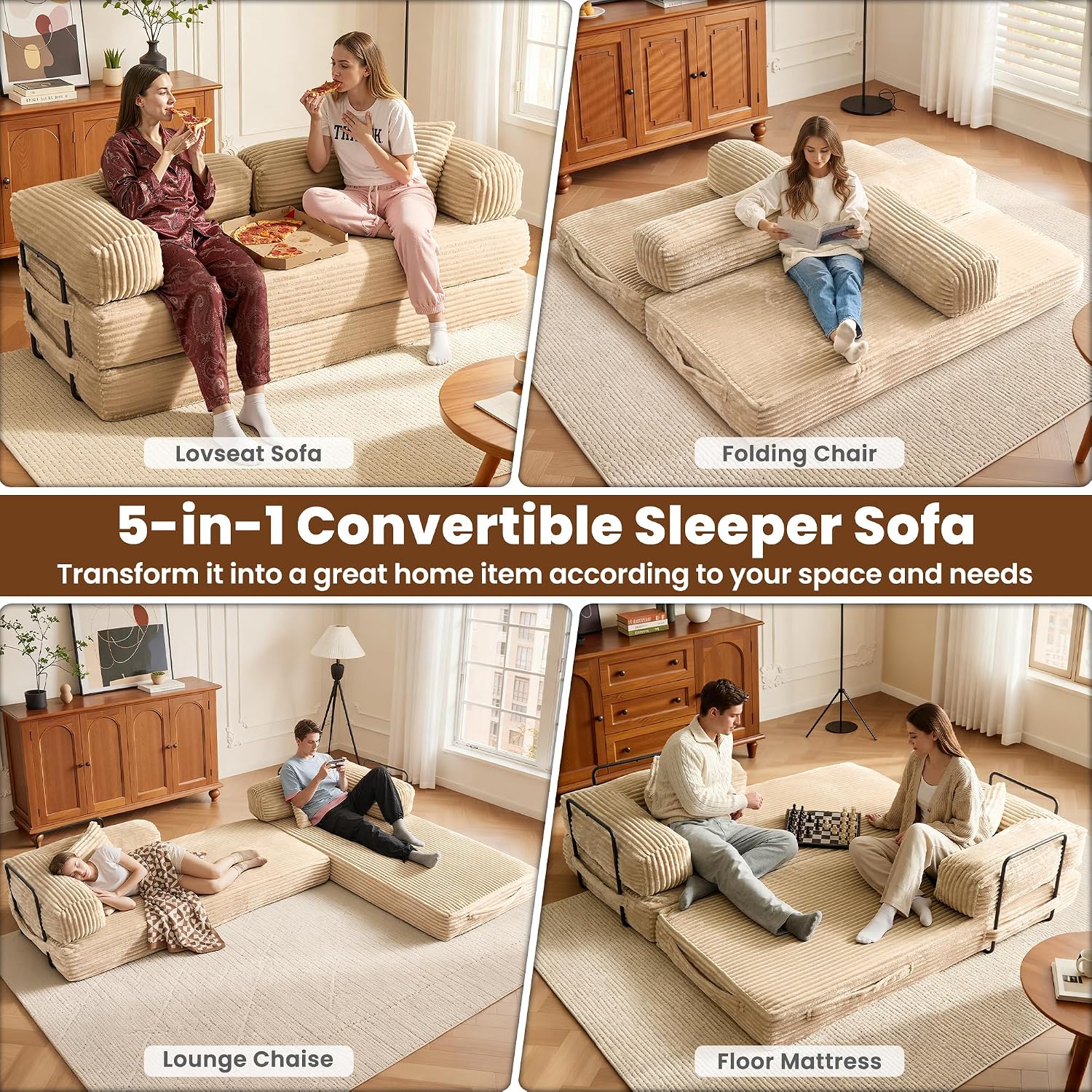 ovios 81' Folding Sofa Bed, Foldable Sleeper Boneless Couch with Pull Out Beds, Modular Convertible Floor Futon Loveseat Lounger for Living Room (Faux Fur, Beige)