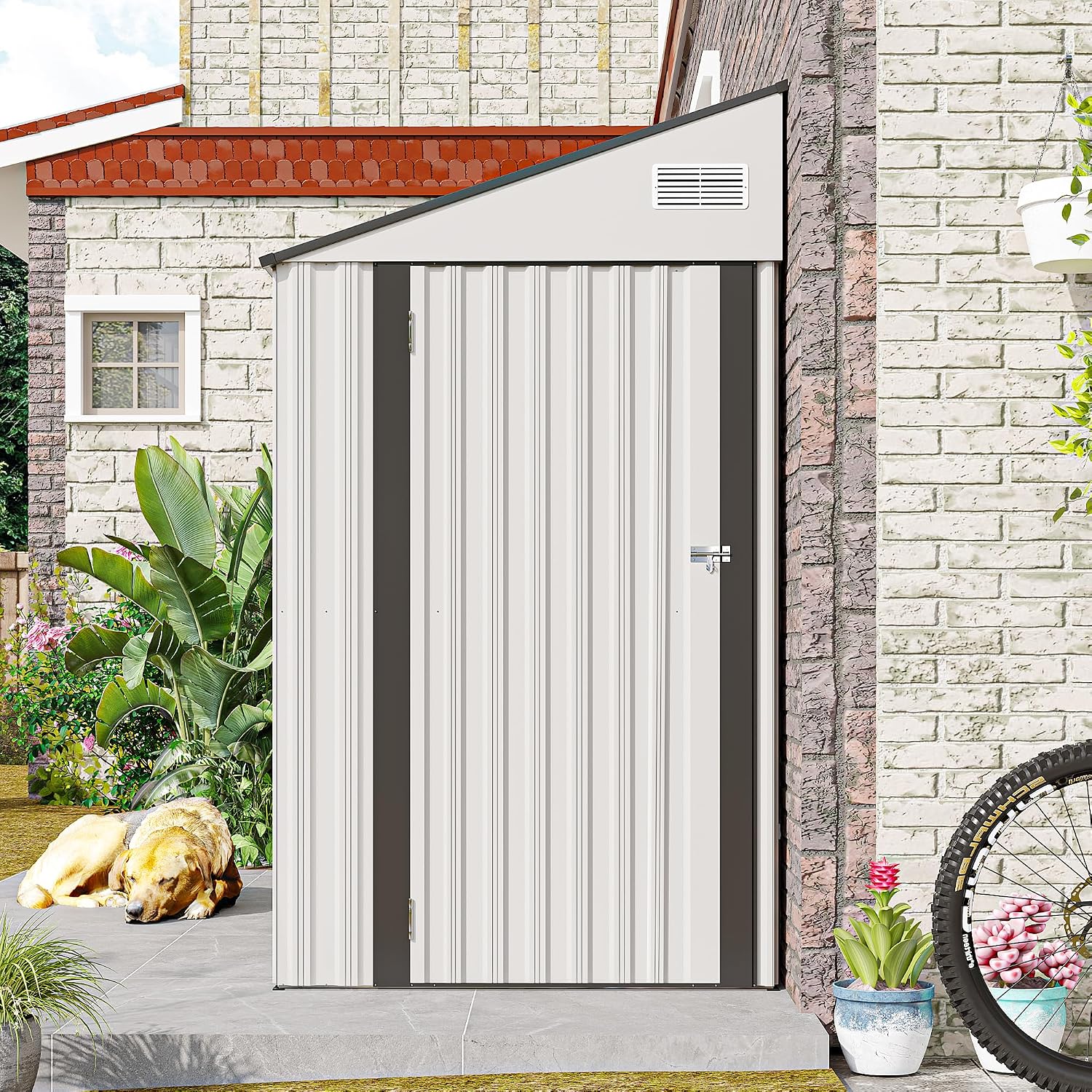 YOPTO 4x8 FT Outdoor Metal Storage Shed,Waterproof Lean to Tool Sheds,Heavy-Duty Unit with Single Hinge Side Door and Ventilation Windows,Weather Resistant,for Backyard,Patio,Lawn,White