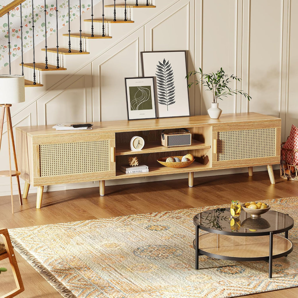 SUPERJARE 70.9 Inch Boho TV Stand for 75 Inch TV, Entertainment Center with Adjustable Shelf, Rattan TV Console with 2 Cabinets, Media Console, Solid Wood Feet, 4 Cord Holes, for Living Room, Natural