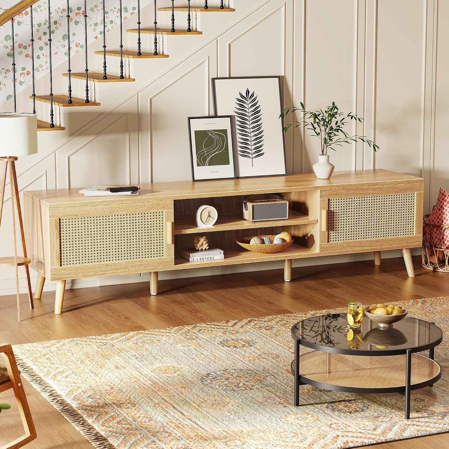 SUPERJARE 70.9 Inch Boho TV Stand for 75 Inch TV, Entertainment Center with Adjustable Shelf, Rattan TV Console with 2 Cabinets, Media Console, Solid Wood Feet, 4 Cord Holes, for Living Room, Natural