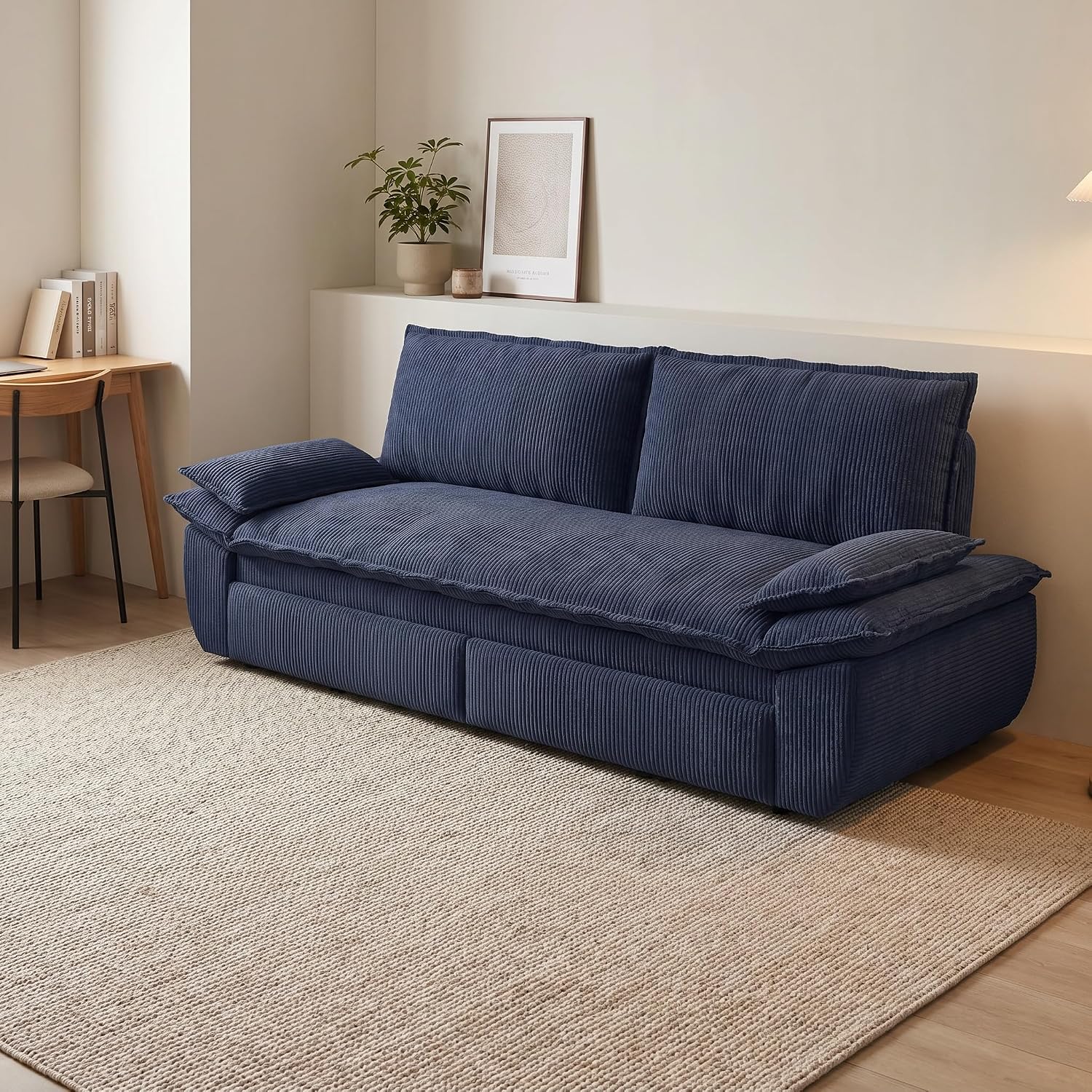73.2' Sofa Bed Queen, 3-in-1 Pull Out Sofa Bed with Pillow Armrest, Modern Corduroy Convertible Sleeper Futon Sofa for Living Room Small Space, Apartment, Bedroom, Blue