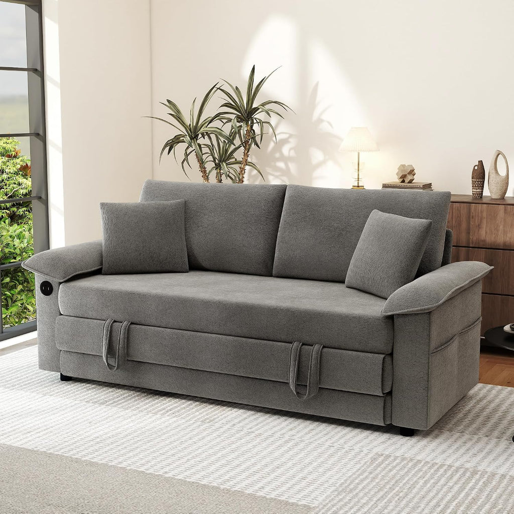 SUNWAVE 77' Sleeper Sofa Convertible Sofa Bed with USB Ports & Side Pockets, Chenille Loveseat Pull Out Couch with Full Size Sleeping Area, Folding Sofa Bed for Living Room & Small Spaces (Gray)