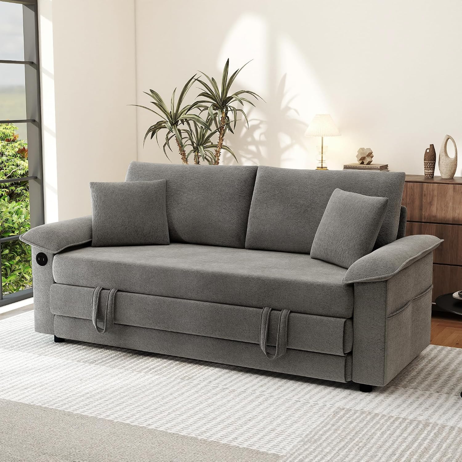 SUNWAVE 77' Sleeper Sofa Convertible Sofa Bed with USB Ports & Side Pockets, Chenille Loveseat Pull Out Couch with Full Size Sleeping Area, Folding Sofa Bed for Living Room & Small Spaces (Gray)