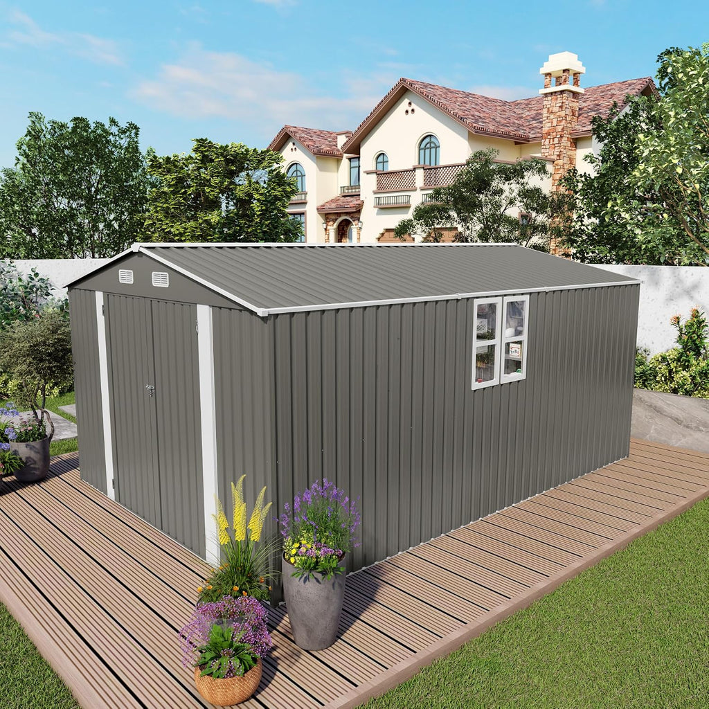 YOPTO 10x14 FT Outdoor Storage Shed,Metal Shed W/ 3 Lockable Doors & Window,Garden Tool House W/ 4 Air Vents & Sloped Roof,All Weather Waterproof for Backyard,Patio,Lawn,Grey