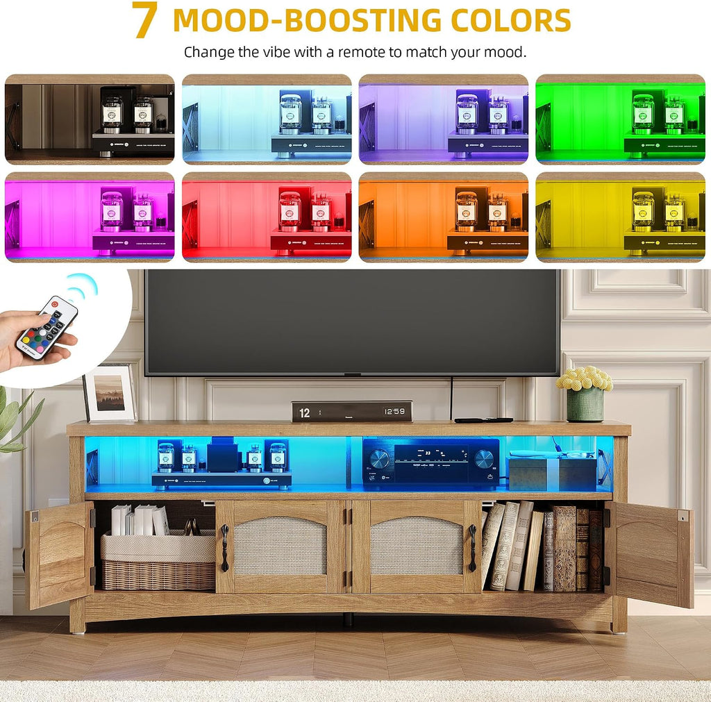 DWVO Farmhouse TV Stand for 65 inch TVs, LED Entertainment Center with Storage, TV Console with Power Outlets, Wooden Bar Coffee TV Table with Shelves for Living Room (Oak)