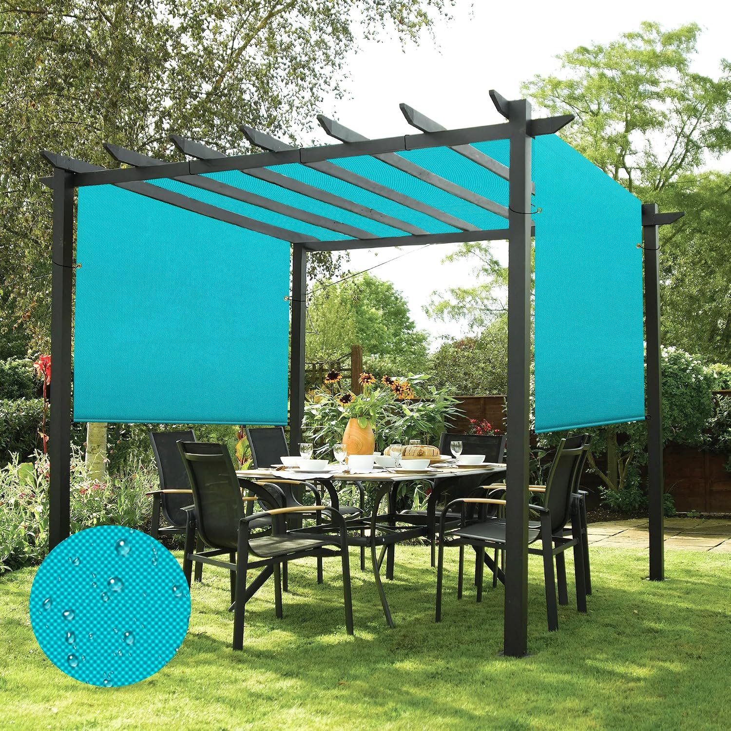 Patio 12' x 16' Waterproof Pergola Canopy Replacement Shade Cover Sun Sail for Deck Porch Backyard Shade Cloth Tarp with Grommets Rods Privacy Shade Screen, Turquoise