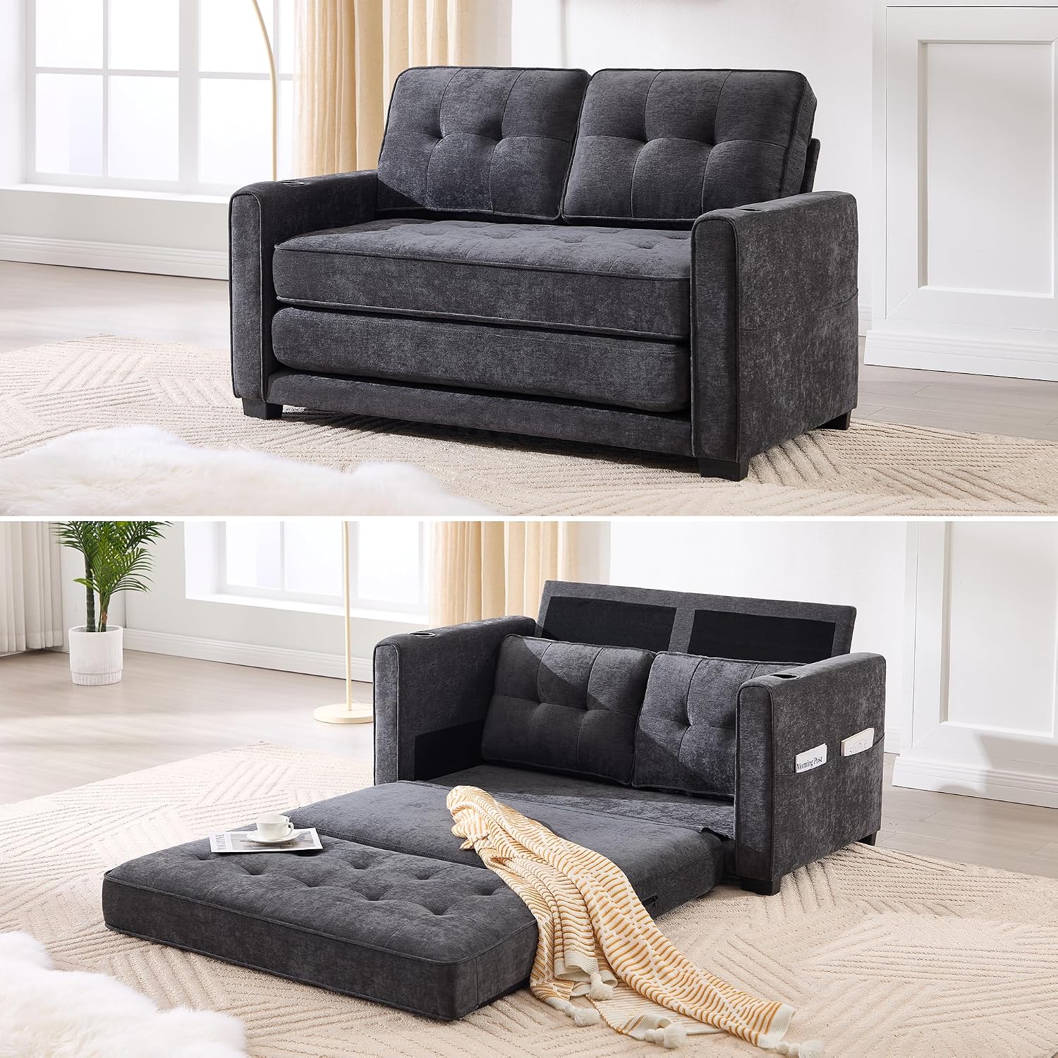 Convertible Sofa Bed, Pull Out Loveseat Sleeper Couch,Linen Fabric 2 in 1 Folding Couch Bed, Fold Out Floor Futon Couches with Cup Holder for Living Room, Bedroom,Small Space, Dark Grey