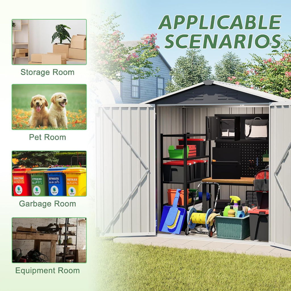 YOPTO 6 x 4 FT Outdoor Storage Shed with Floor Base & Lockable Hinge Door,Metal Garden Shed W/Sloped Roof,for Backyard Patio Lawn,Gray
