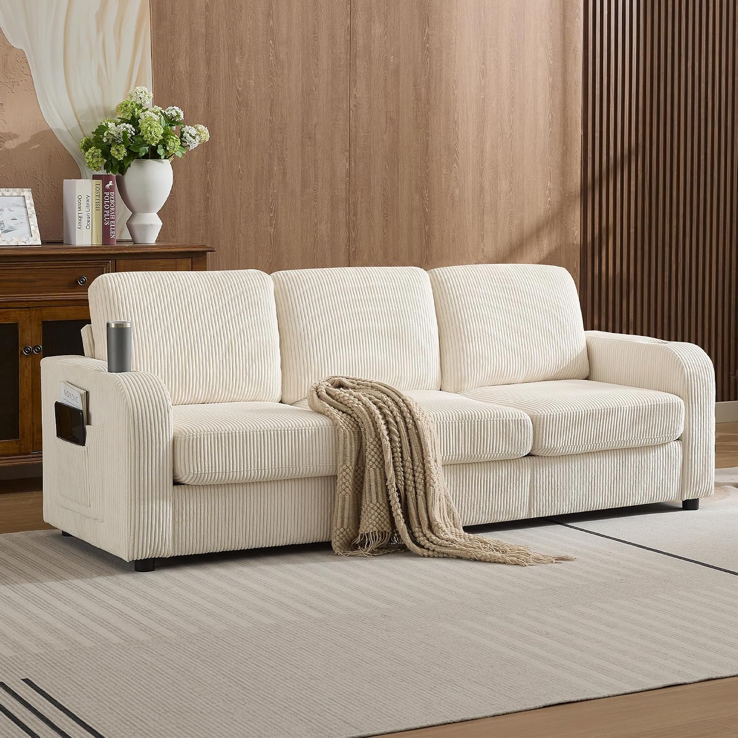 87.4' Oversize 3 Seater Couch, Upholstered Modern Sofa for Living Room, Comfy Deep Seat Loveseat Couch with Cup Holders,Corduroy Love Seat Sofa (Beige)