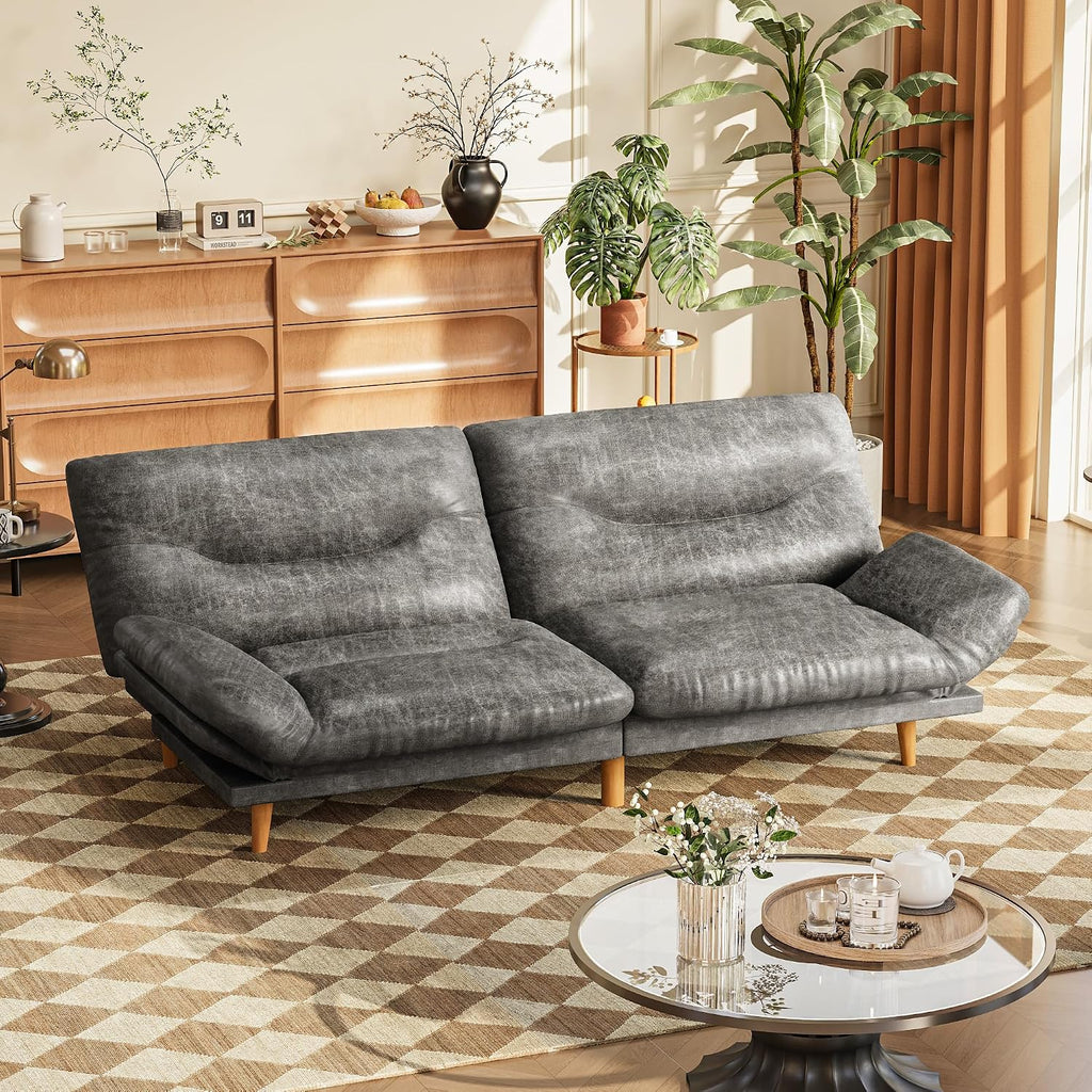 JUMMICO Convertible Futon Sofa Bed, Sleeper Futon Couch with Adjustable Backrest and Armrests, Modern Loveseat with Sturdy Wood Frame for Small Spaces, Apartments (Leathaire, Gray)