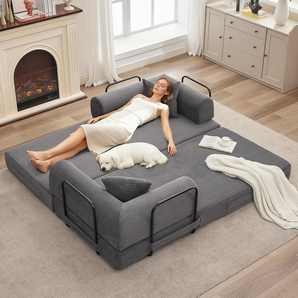 IDEALHOUSE 4 in 1 Convertible Sleeper Sofa Bed Couch, 79 Inch Boneless Corduroy Floor Couch with Pillows, No Assembly, Modern Deep Seat Sofa Futon Mattress for Living Room,Apartment,Gray