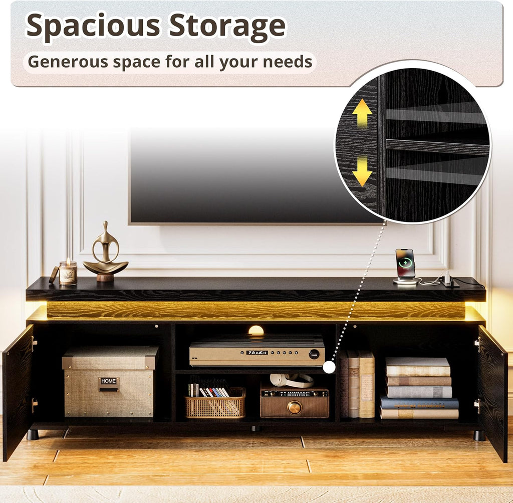 IRONCK TV Stand for TVs 85 inch, Entertainment Center with LED Lights and Power Outlet, TV Console Table with Cabinets and Open Storage Shelves, Black TV Stands for Living Room