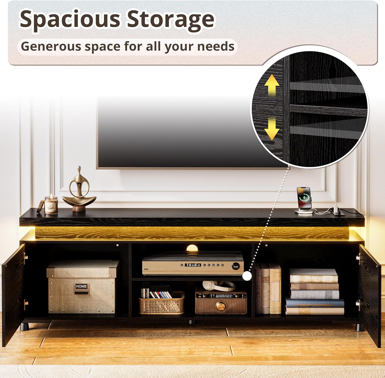 IRONCK TV Stand for TVs 85 inch, Entertainment Center with LED Lights and Power Outlet, TV Console Table with Cabinets and Open Storage Shelves, Black TV Stands for Living Room