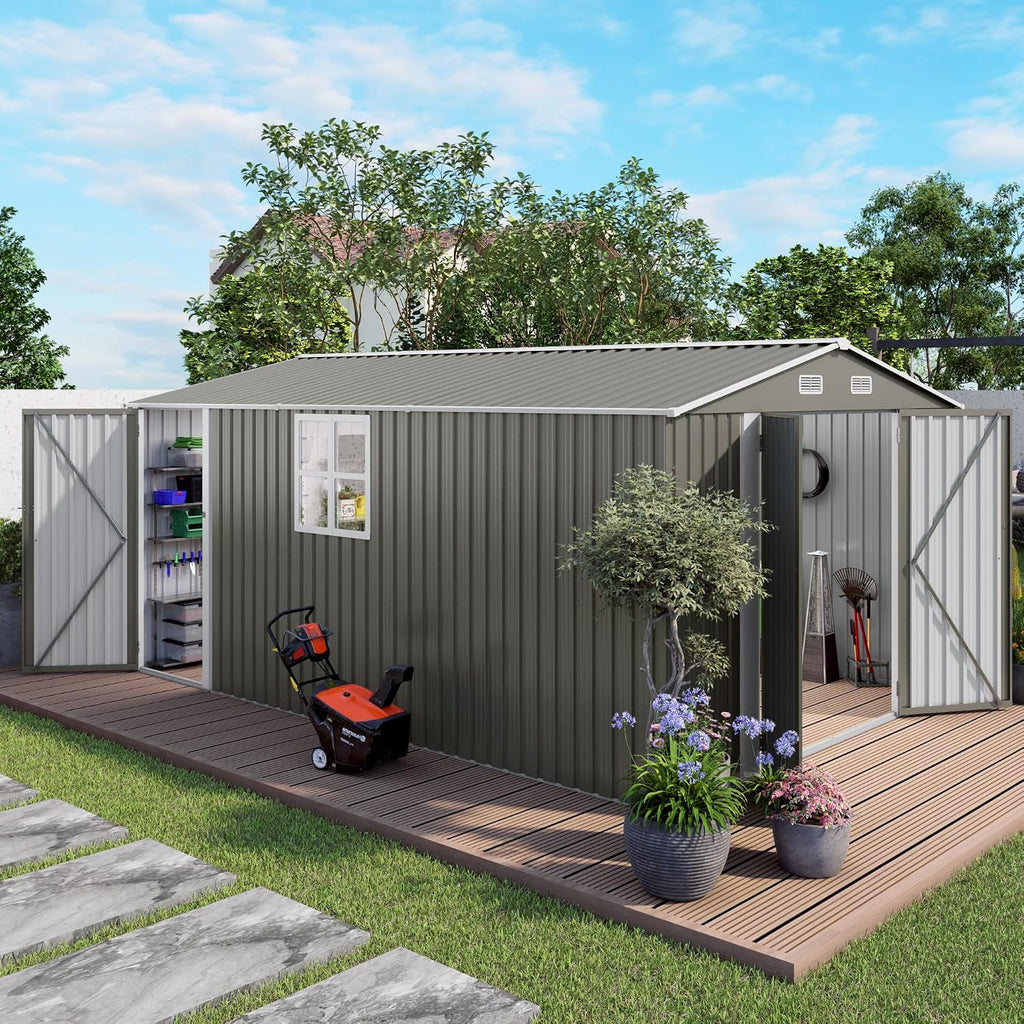 YOPTO 10x14 FT Outdoor Storage Shed,Metal Shed W/ 3 Lockable Doors & Window,Garden Tool House W/ 4 Air Vents & Sloped Roof,All Weather Waterproof for Backyard,Patio,Lawn,Grey