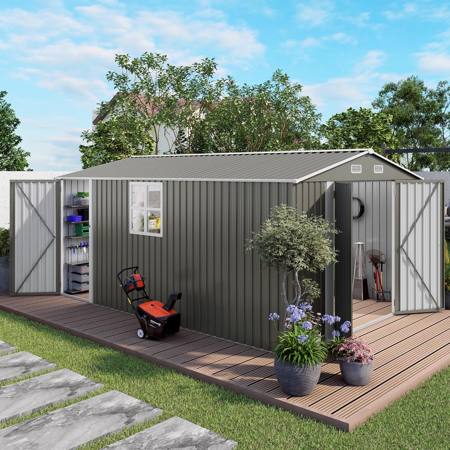 YOPTO 10x14 FT Outdoor Storage Shed,Metal Shed W/ 3 Lockable Doors & Window,Garden Tool House W/ 4 Air Vents & Sloped Roof,All Weather Waterproof for Backyard,Patio,Lawn,Grey
