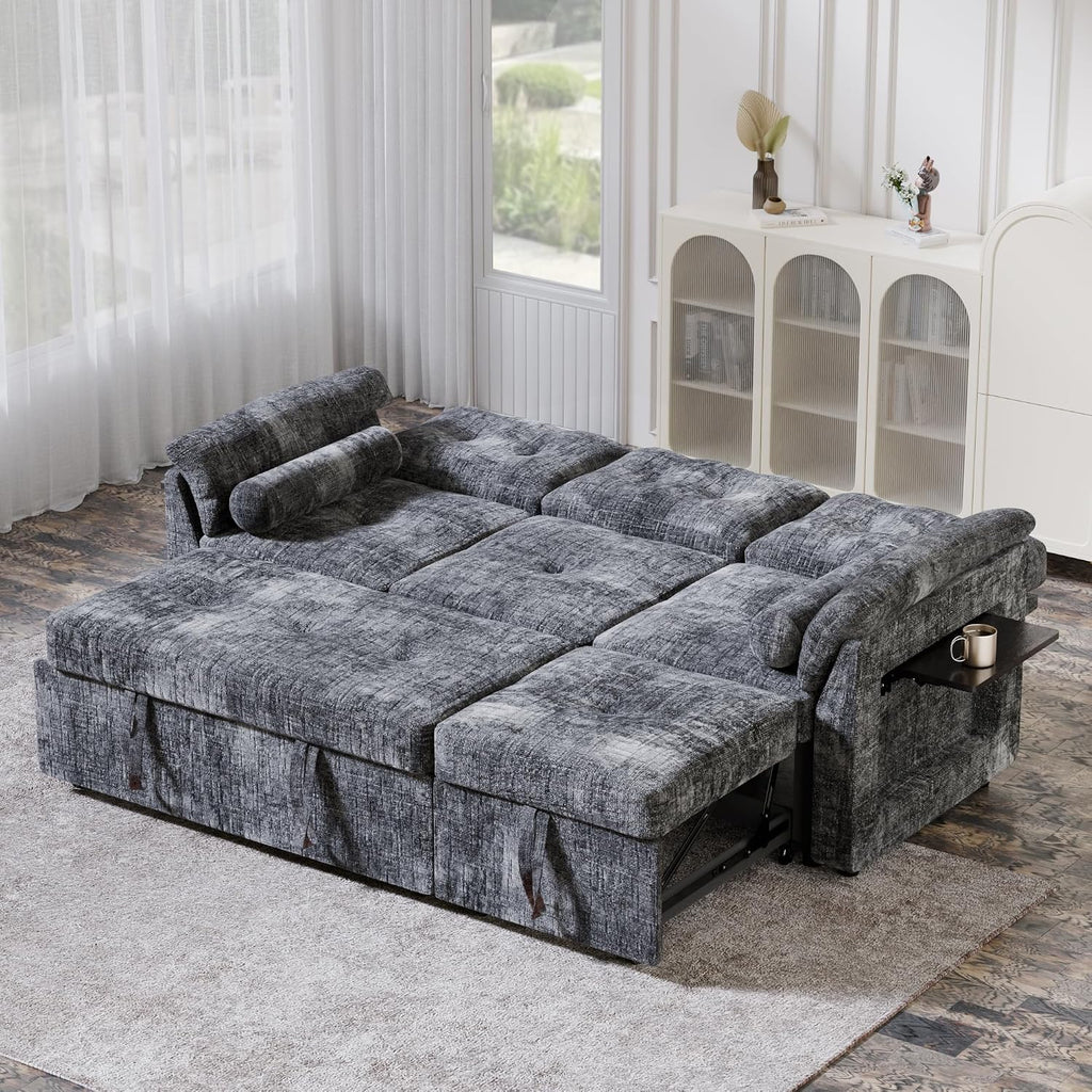 Convertible Sleeper Sofa Bed, 63 Inch Chenille Pull Out Couch with Side Table & Adjustable Backrest, Sectional Sleeper Sofa with Pull Out Bed for Living Room, Apartment, Gray