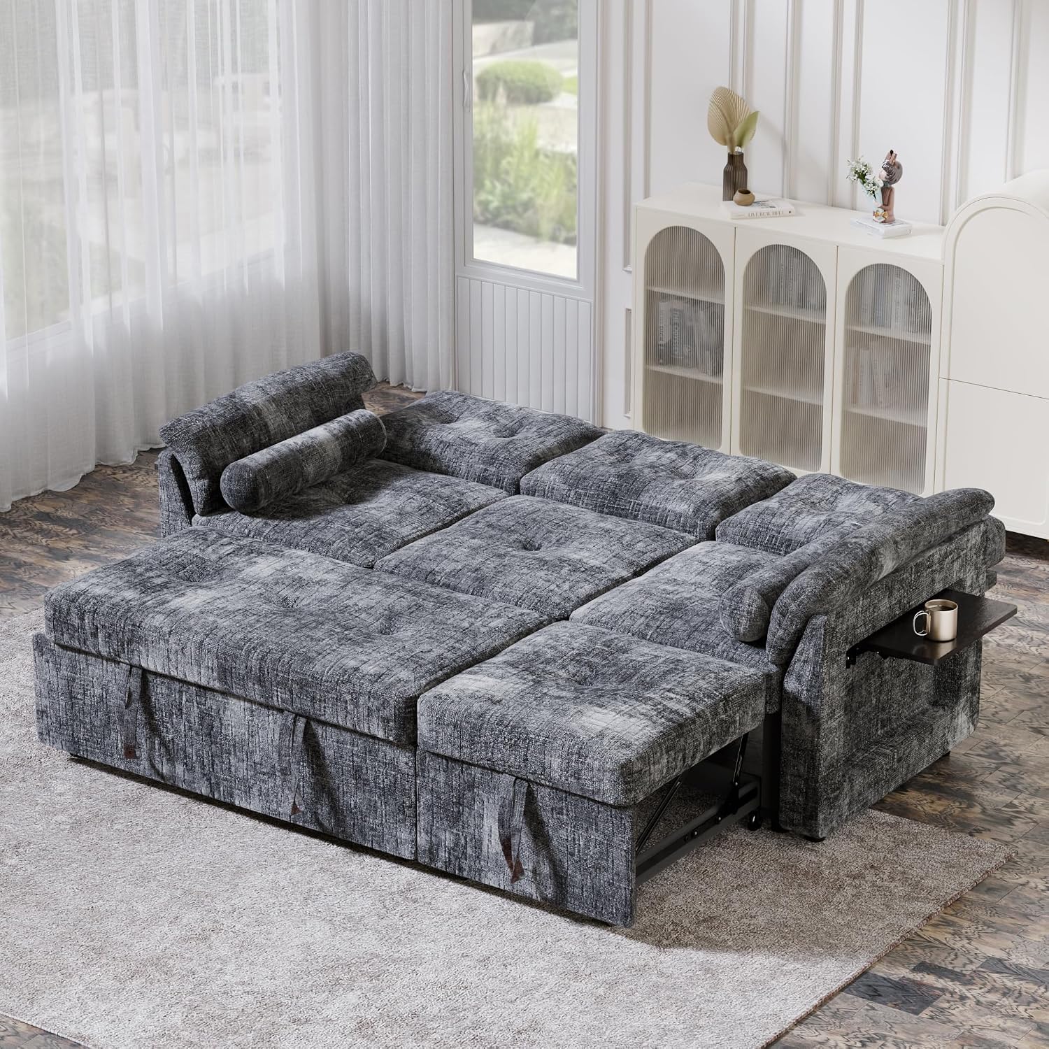 Convertible Sleeper Sofa Bed, 63 Inch Chenille Pull Out Couch with Side Table & Adjustable Backrest, Sectional Sleeper Sofa with Pull Out Bed for Living Room, Apartment, Gray