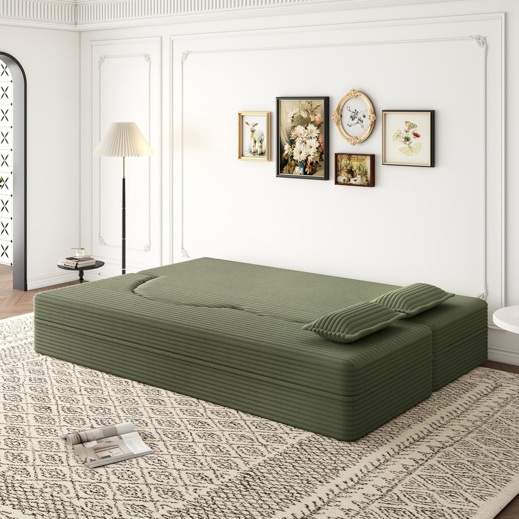 78' Futon Sofa Bed, 2-in-1 Foldable Floor Sleeper Sofa, Convertible Corduroy Curved Loveseat with 2 Pillows, Full Mattress Bed, Upholstered Boneless Couches for Living Room, Apartment, Green