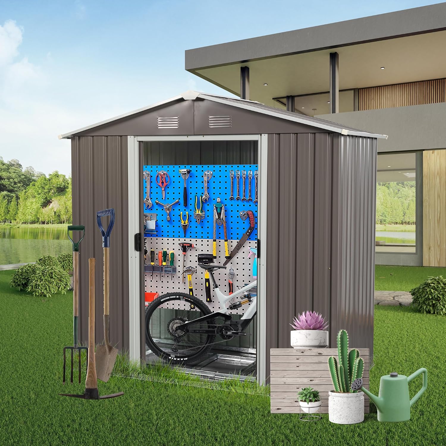 8 x 4 FT Outdoor Storage Shed, Metal Garden Shed with Floor Frame, Tool Shed Outdoor Storage with Lockable Sliding Doors & Air Vents, Storage House Waterproof for Backyard, Lawn, Gray