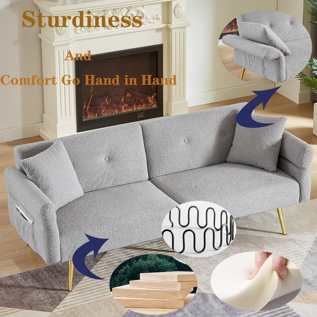 69.5' Grey Convertible Futon Sofa Bed with Adjustable Backrest and Armrests, Teddy Upholstered Loveseat Sleeper Couch with 2 Pillows and Metal Legs Love Seat for Guest Room Living Room (Grey)